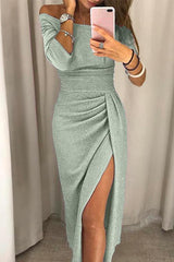 Shiney | Robe midi froncée à épaules dénudées pour femmes