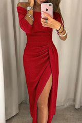 Shiney | Robe midi froncée à épaules dénudées pour femmes